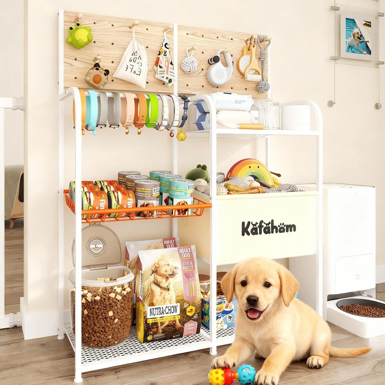 Dog Toy Storage Organizer with Feeding Station