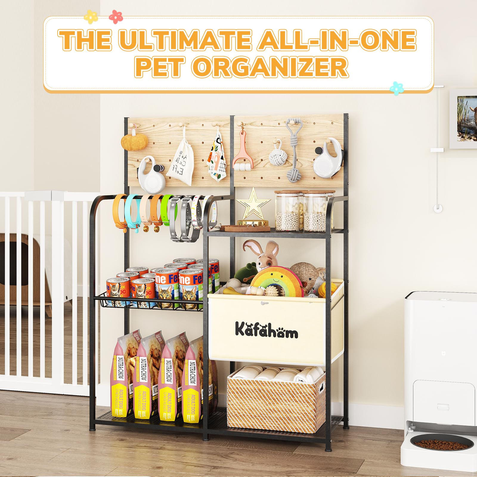 Dog Toy Storage Organizer with Feeding Station