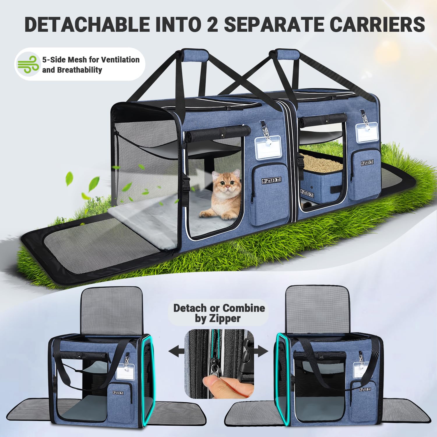 Petskd 2 in 1 Double Cat Carrier with Litter Box
